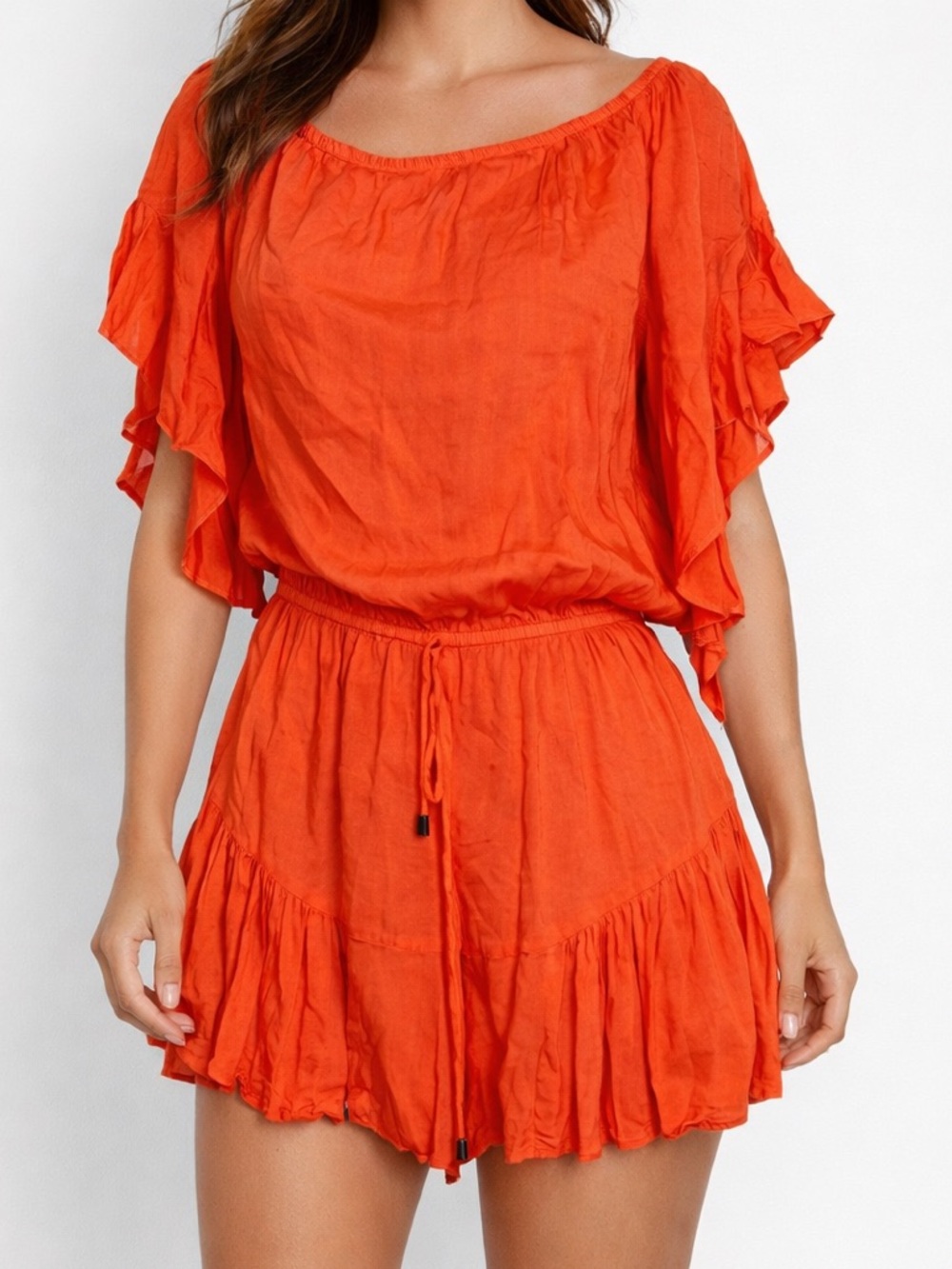 VENUS Y2K 2000s orange drawstring romper swimsuit coverup small ruffle sleeve